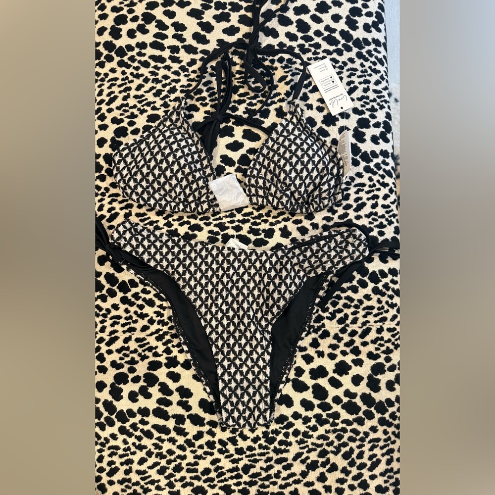 NWT Luxe Black & White Embroidered Bikini – Tie Side, Gold Accent, Size M